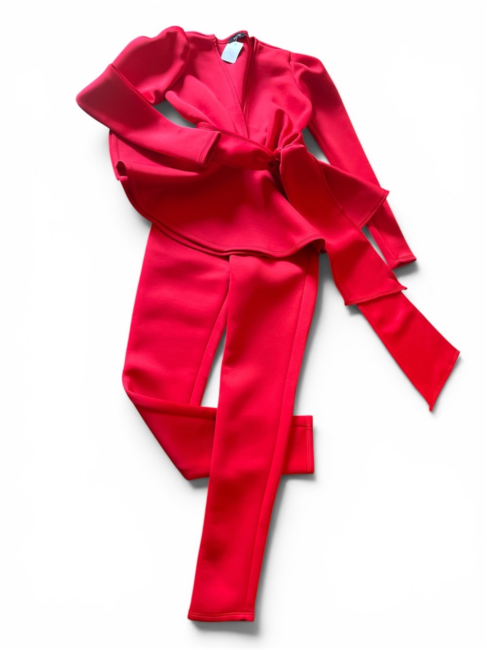 WinWin brand Two Piece Peplum Bow Tie Red Women's Tailored PantSuit